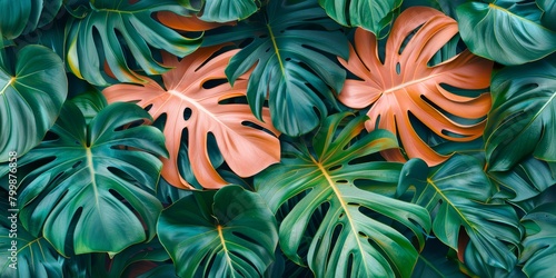 Green and peach color tropical monstera leaves creative layout, summer concept background. © t.sableaux