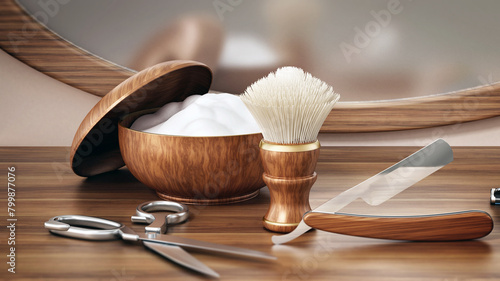 Retro shaving tools standing on barber shop counter. 3D illustration