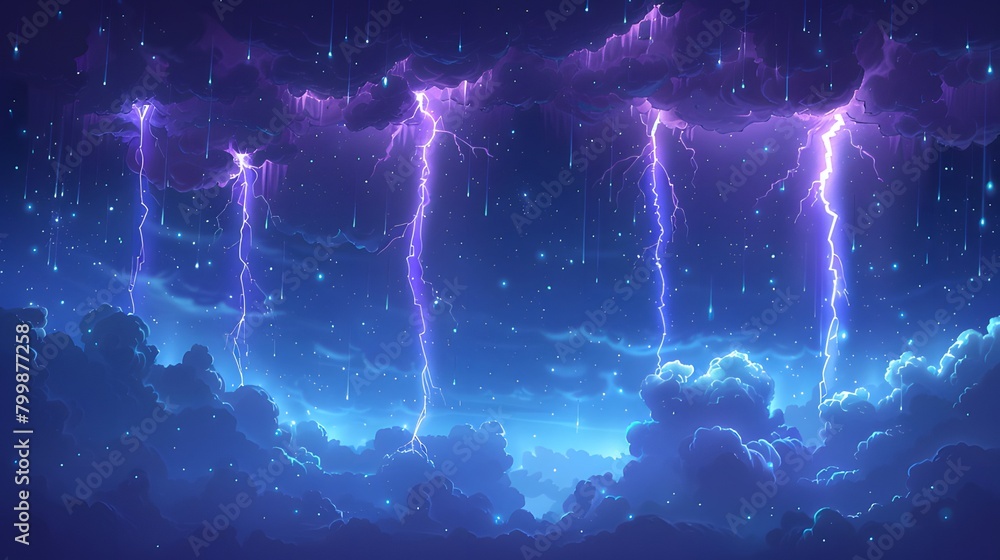 Majestic Purple Lightning Storm over Clouds, A stunning array of electric lightning bolts in various colors isolated on a black background.
Majestic Purple Lightning Storm over Clouds, A stunning array of electric lightning bolts in various colors isolated on a black background.