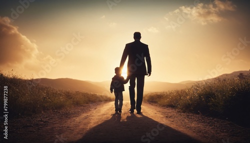 silhouette of a father and son, walking towards sunset