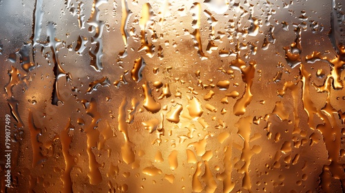 Water droplets condense on a golden glass surface, creating a textured pattern that resembles liquid gold.
 photo