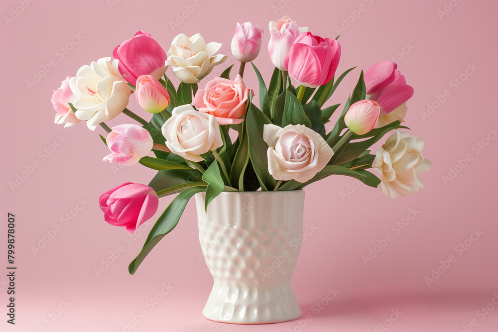 Classic Floral Arrangement: Roses in a White Vase on Pink Classic Floral Arrangement: Roses in a White Vase on Pink