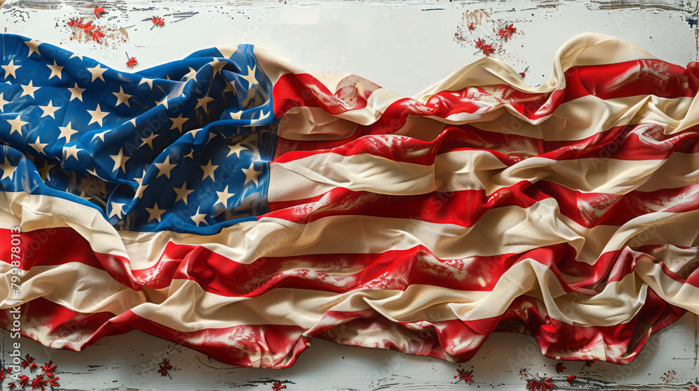 Aged American Flag Draped Over Wooden Planks Aged American Flag Draped Over Wooden Planks
