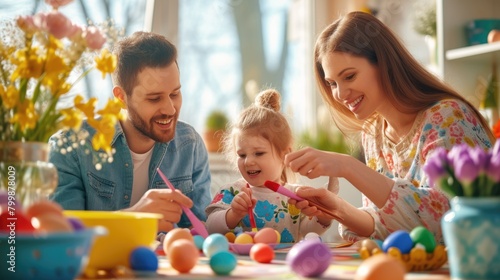 Photography of lovely happy family spending time together while painting easter egg. Happy family gathering together and decorating easter egg with colorful watercolors at table. Easter day. AIG42.