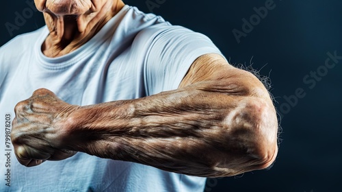Aging and Sarcopenia Illustrate an elderly person showing signs of sarcopenia, highlighting weakened muscle tone