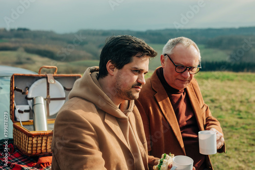 Father and son having tea and sandwich at picnic on sunny day photo
