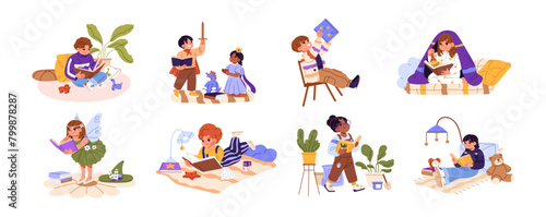 Children read paper books set. Different happy kids with bedtime storybooks. Clever boys and girls learning literature, study with textbooks. Flat isolated vector illustration on white background