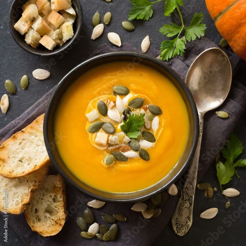 Pumpkin soup with bread in bowl