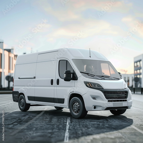 Modern white delivery van parked in urban setting. © connel_design