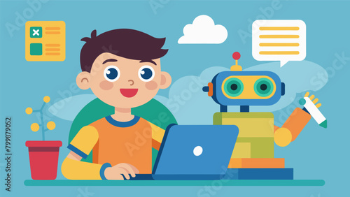 A young boy with dyslexia enthusiastically codes and programs a robot utilizing their unique visual learning style to excel in the robotics program.. Vector illustration