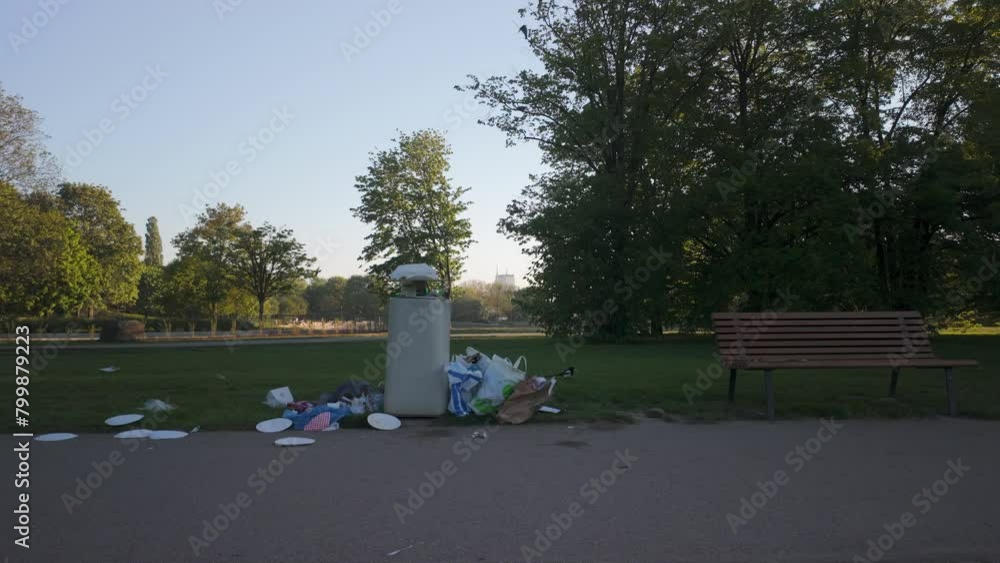 Public trash bin overflowing with plastic bags and snacks wrappings in a green park background on a spring morning day. Public trash bin overflowing with plastic bags and snacks wrappings in a green park background on a spring morning day.