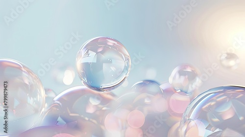 A group of iridescent bubbles floating in the air with a blurred background.