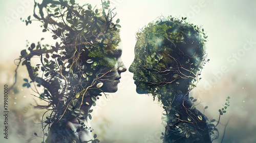 Intimate Portrait of a Tree-Covered Couple in a Dreamlike Illustration