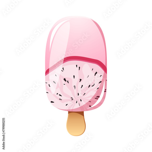 Dragon fruit ice cream, fruit popsicle on a wooden stick with pitahaya pieces. Summer cold dessert, frozen juice, fruit ice. Vector illustration.