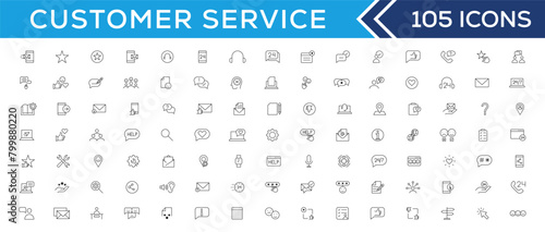 Customer service icon set. Containing customer satisfied, assistance, experience, feedback, operator and technical support icons. Thin outline icons pack.