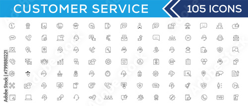 Customer service icon set. Containing customer satisfied, assistance, experience, feedback, operator and technical support icons. Thin outline icons pack.