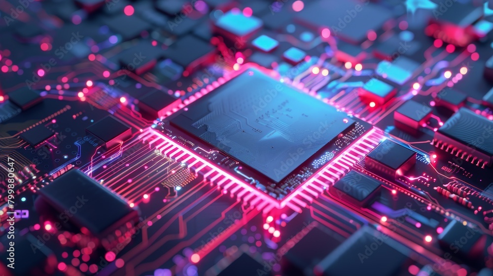 At the heart of artificial intelligence and data networks, the CPU microchip shines brightly, its neon lights casting a futuristic glow on the technological landscape.