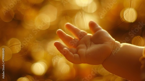 The newborn infant baby's hand reaches out as if trying to hold onto something