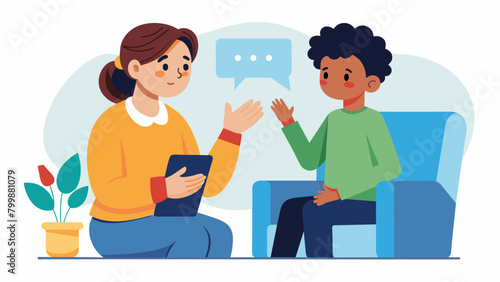 A the using sign language to help an autistic individual express their anxieties and fears during a counseling session.. Vector illustration