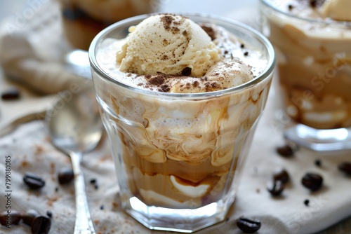 Indulgent affogato dessert with espresso and creamy vanilla ice cream in a clear glass, perfect for a sweet caffeine kick.