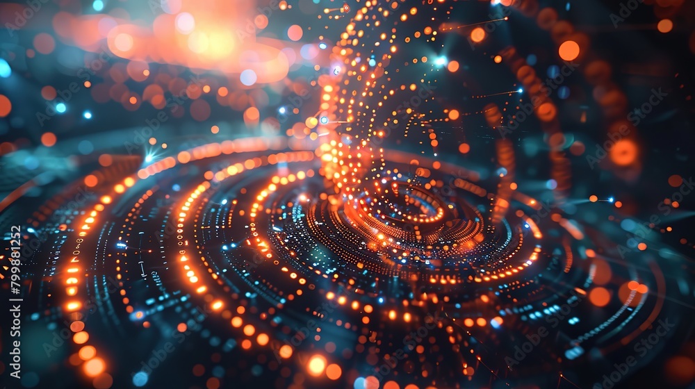 High tech server visualization, displaying particle data streams, circular computing interfaces, and virtual reality environments High tech server visualization, displaying particle data streams, circular computing interfaces, and virtual reality environments