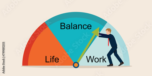 Businessman pushing clock arrow with Work life balance concept.