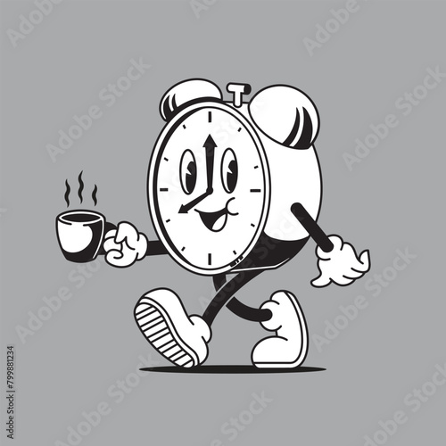 Cute clock holding coffee mascot vector