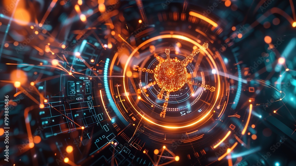 Fototapeta premium High tech server visualization, displaying particle data streams, circular computing interfaces, and virtual reality environments