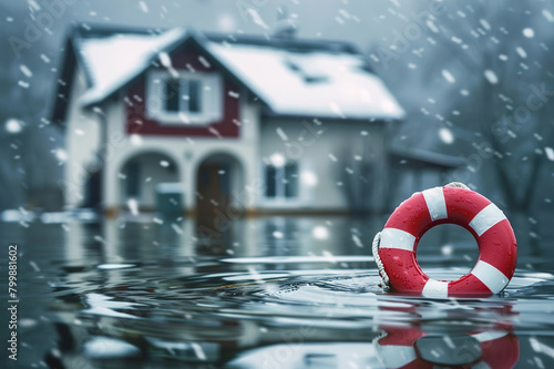 House, natural disaster and floods from storm or rain in winter weather with damage, lifebuoy. photo