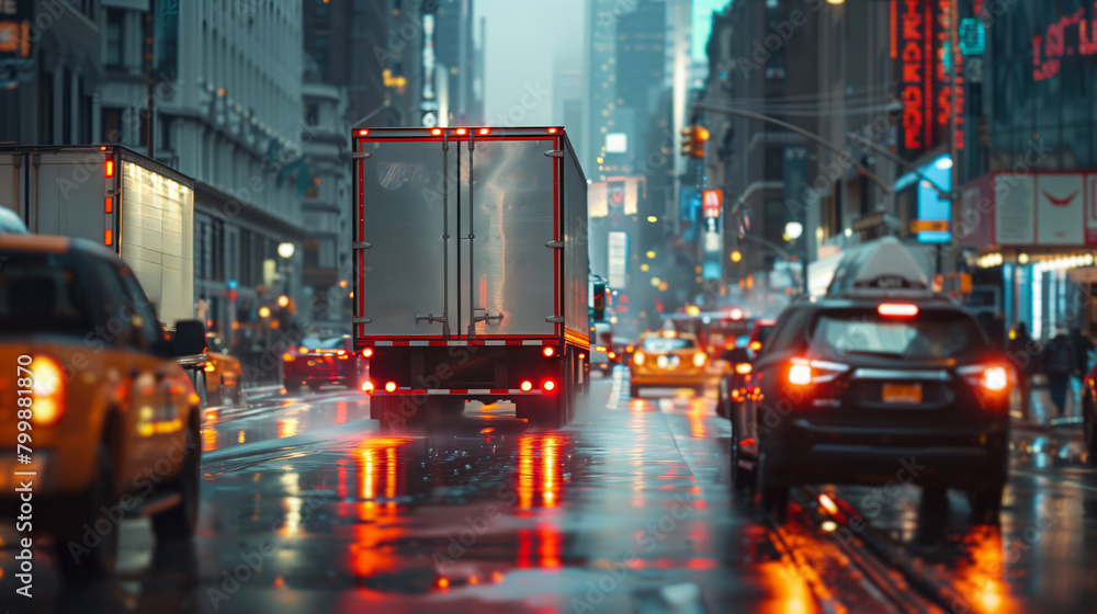 Fototapeta premium Rainy city traffic with backlit vehicles