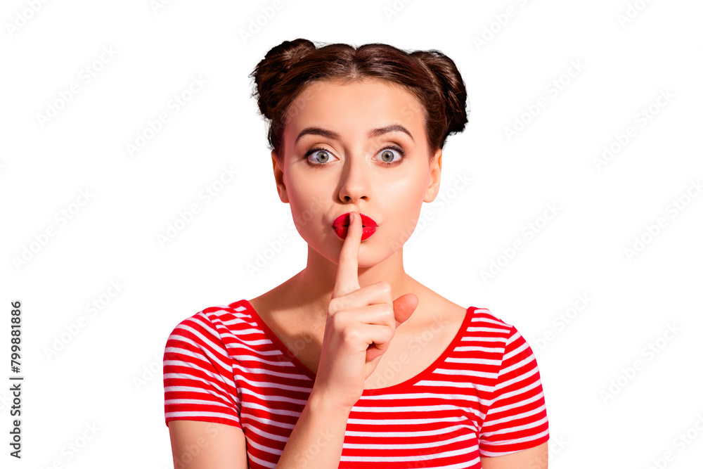 Close up photo beautiful she her lady pretty buns bright pomade lipstick arm hand finger lips asking not talk tell speak fellow friend wear casual striped red white t-shirt isolated pink background Close up photo beautiful she her lady pretty buns bright pomade lipstick arm hand finger lips asking not talk tell speak fellow friend wear casual striped red white t-shirt isolated pink background