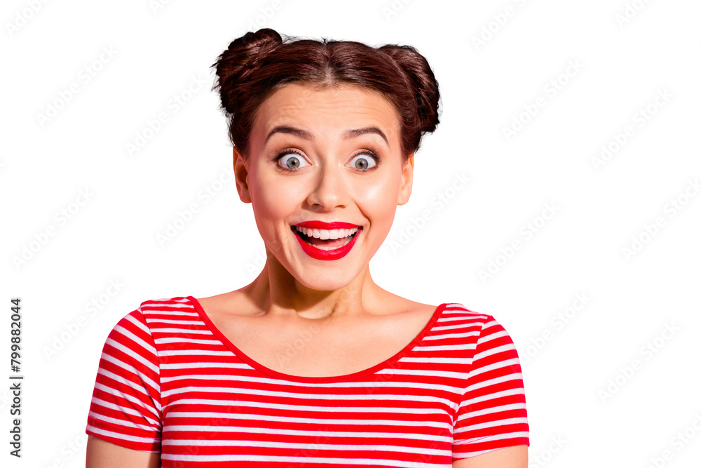 Close up photo funky beautiful she her lady pretty hairdo two buns not believe such luck eyes big mouth opened ecstatic bright pomade wear casual striped red white t-shirt isolated pink background Close up photo funky beautiful she her lady pretty hairdo two buns not believe such luck eyes big mouth opened ecstatic bright pomade wear casual striped red white t-shirt isolated pink background