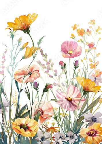 Colorful assortment of illustrated wildflowers against a white background. © connel_design