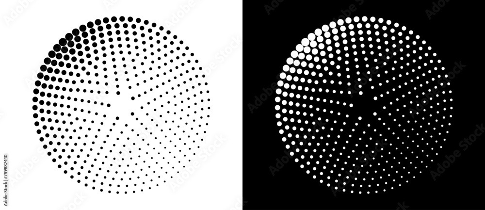 Modern abstract background. Halftone dots in circle form. Round logo. Vector dotted frame. Design element or icon. Black dots on a white background and white dots on the black side.