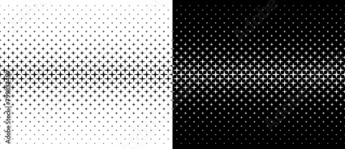 Abstract background with repeated stars in halftone design. Black shape on a white background and the same white shape on the black side.