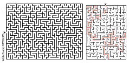 Rectangular  Maze with a solution. Medium difficulty brain teaser for brain training.