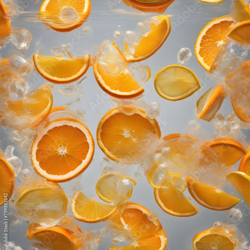 Orange slices under water, with sunligh coming in and ice and bubbles mixed with the slices