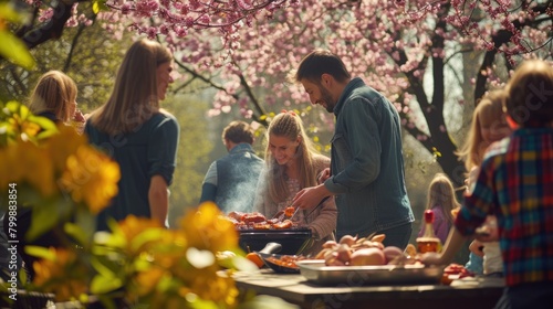 A man, wearing a hat, cooks food on a grill, surrounded by a group of people, sharing a leisurely cooking event under a tree with grassy surroundings. AIG41