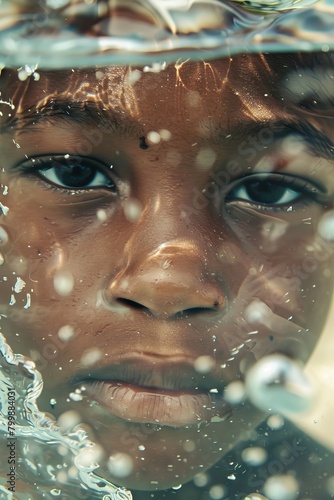 Close up portrait of a boy underwater