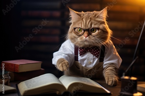 Cat scientist in glasses sitting in cozy office and reading book. Soft Sunset Lighting. Concept of education, training, development for children and students of schools and colleges. Copy space