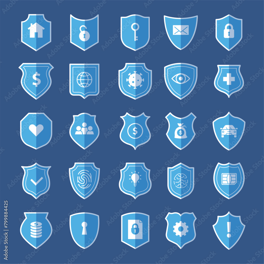 Shield icons. Security systems logo or badges stylized symbols of protection with lock keys recent vector template set Shield icons. Security systems logo or badges stylized symbols of protection with lock keys recent vector template set