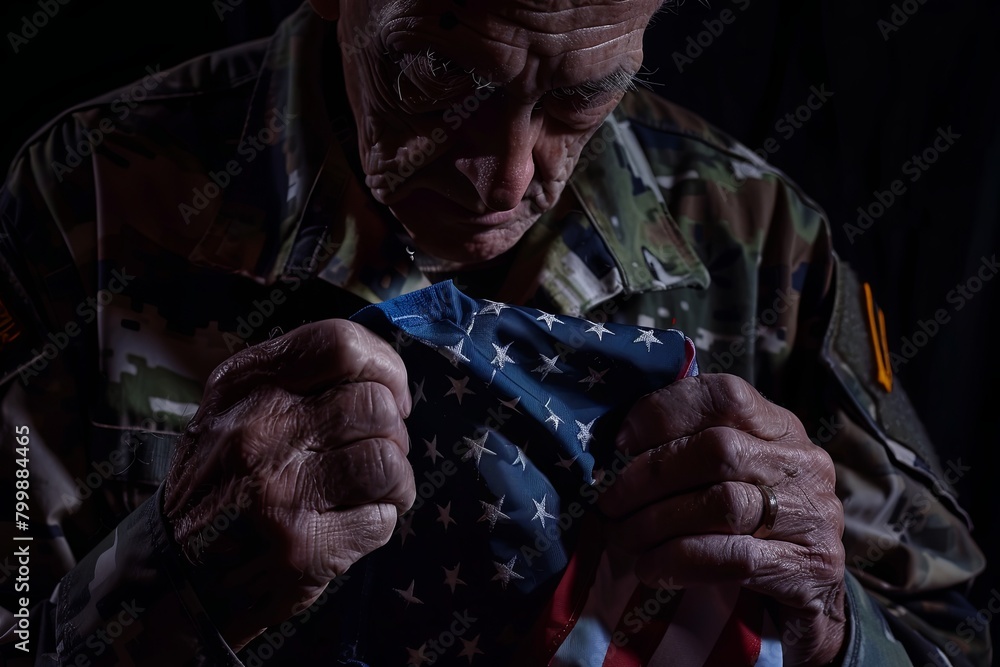 Old soldier folding American flag. Patriotic symbol on dark background.