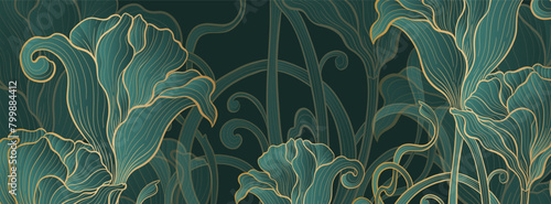 Elegant prestigious Art Deco background template with flowers. The design luxury is made for Art Deco motif with green and gold colors.