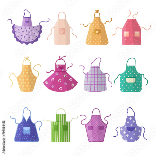 Aprons. Kitchen textile clothes for protection when preparing cooking food recent vector aprons with pockets