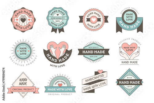 Handmade badges. Emblems or logos for made with love crafting design projects recent vector hand made templates with place for text