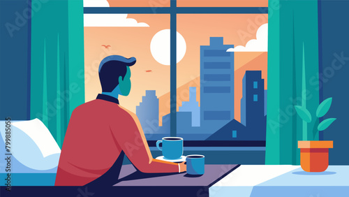 A quiet hotel room where a traveler takes a moment to themselves before starting their day sipping their coffee while looking out the window..