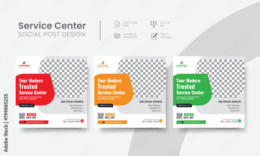 Service center social media post template for tech, & car repair creative banner ads. Functional servicing center social media flyer layout concept. Vol - 19 Service center social media post template for tech, & car repair creative banner ads. Functional servicing center social media flyer layout concept. Vol - 19