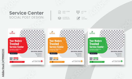 Service center social media post template for tech, & car repair creative banner ads. Functional servicing center social media flyer layout concept. Vol - 19