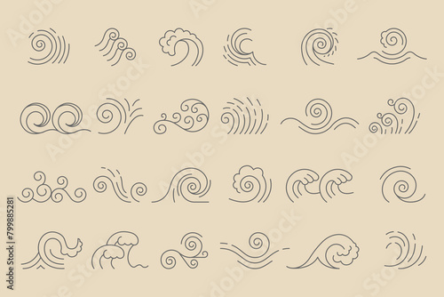 Wave icons. Linear set of abstract liquid waves different shapes recent vector template photo