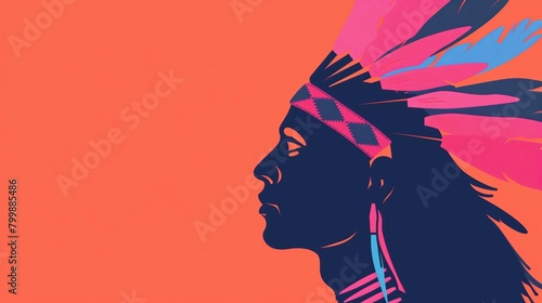 Native American tribal chieftain dark silhouette on an orange background with empty copy space. First nations of America. Horizontal (16:9) photo